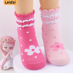 3 Pairs Girls Pink Flower Dot Lace Crew Socks Toddlers Non-Slip Floor Socks