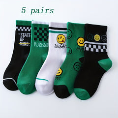 5pairs Checker Smiling Face Crew Socks for Kids