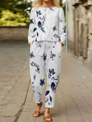 Floral Print Boho 2pc Set Top & Pants Outfits Women's Clothing