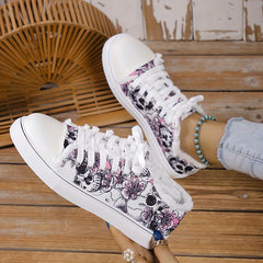 Women's Skull Print Canvas Shoes Casual Lace Up Outdoor Sneakers
