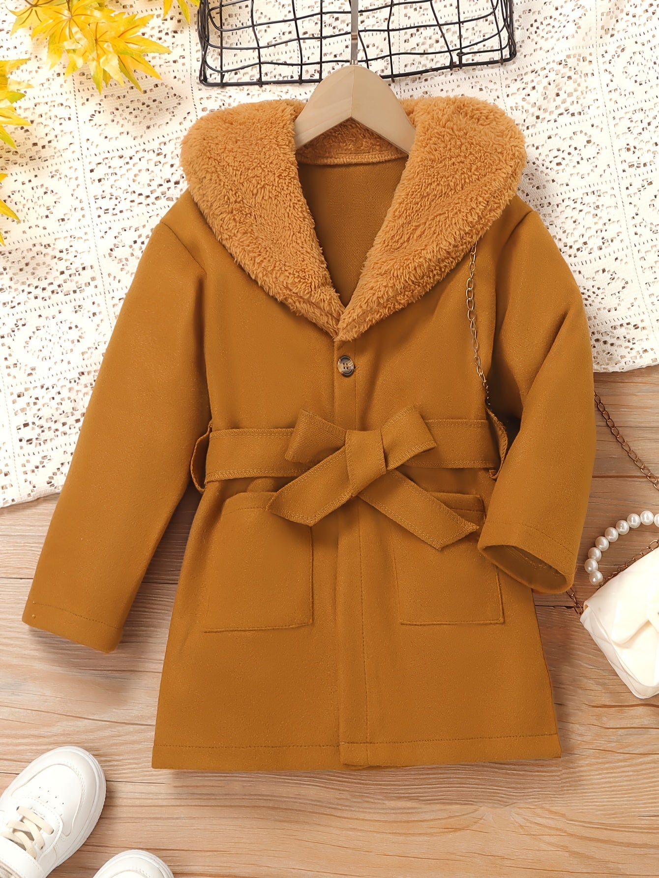 Girls' Stylish Fur Collar Jacket Belt Set for Autumn/Winter