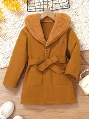 Girls' Stylish Fur Collar Jacket Belt Set for Autumn/Winter