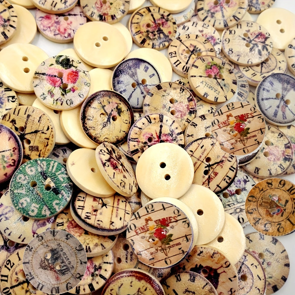 50pcs 20mm Vintage Wooden Clock Buttons Two Holes Round Sewing