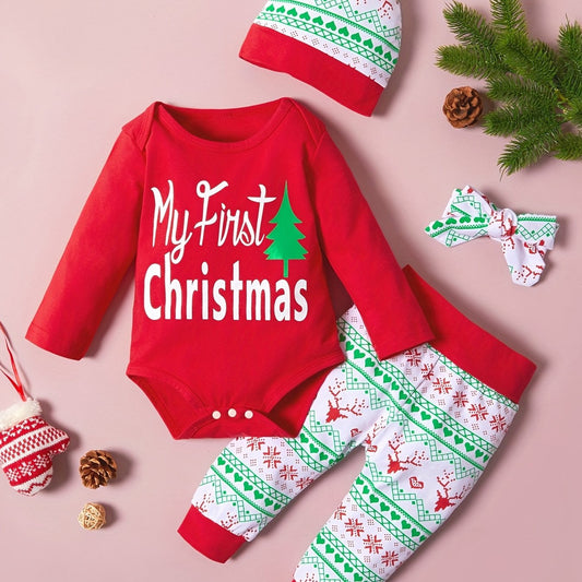 Christmas Party Baby Romper Pants Hat Headband Set