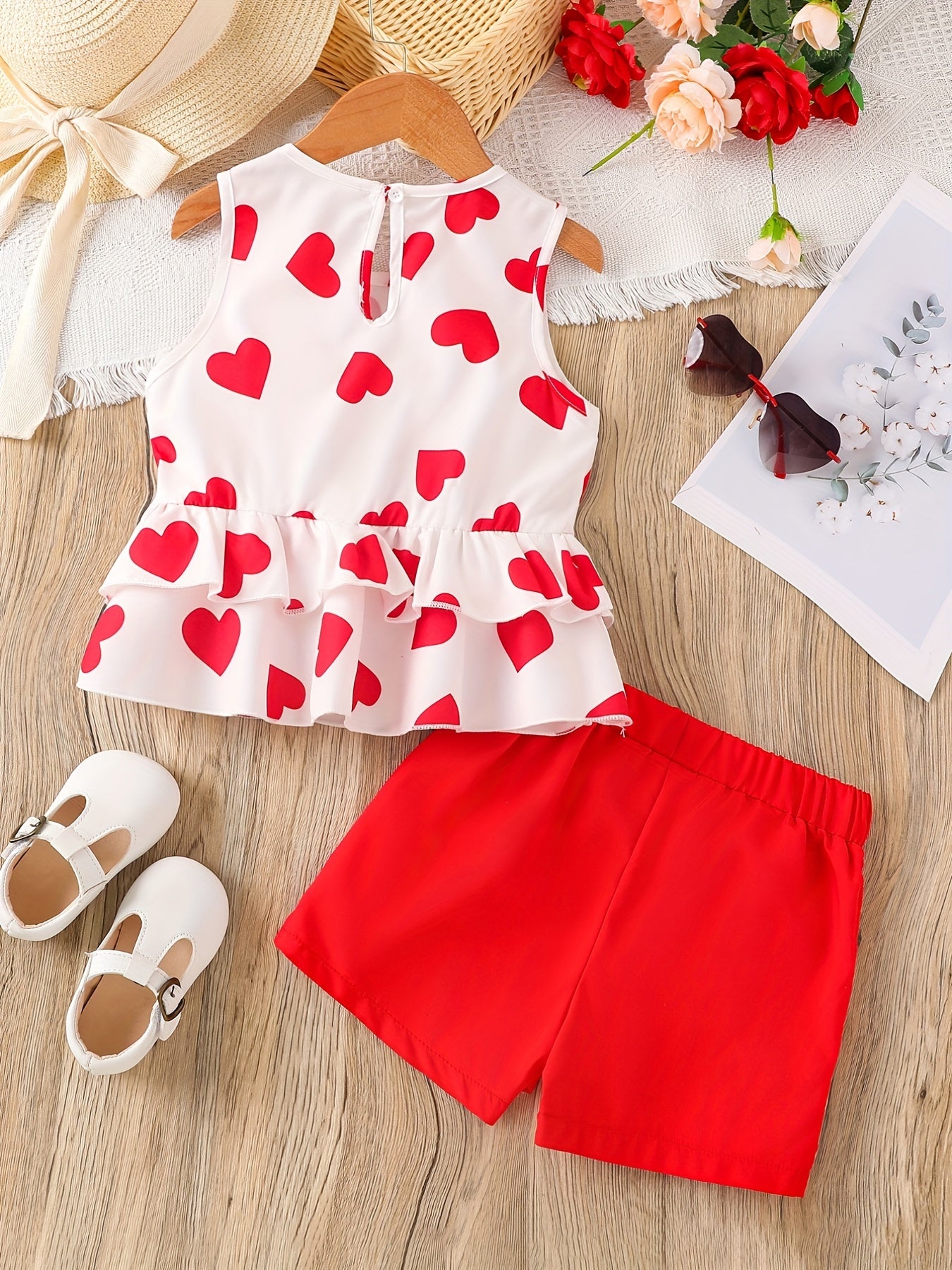 2pcs Toddler Girls Heart Graphic Peplum Tank Top & Button Shorts Set