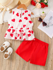 2pcs Toddler Girls Heart Graphic Peplum Tank Top & Button Shorts Set
