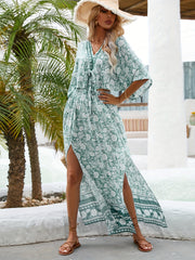Floral Print Vacation 2pc Set Tie Front V Neck Tops & Split Thigh Maxi Skirts