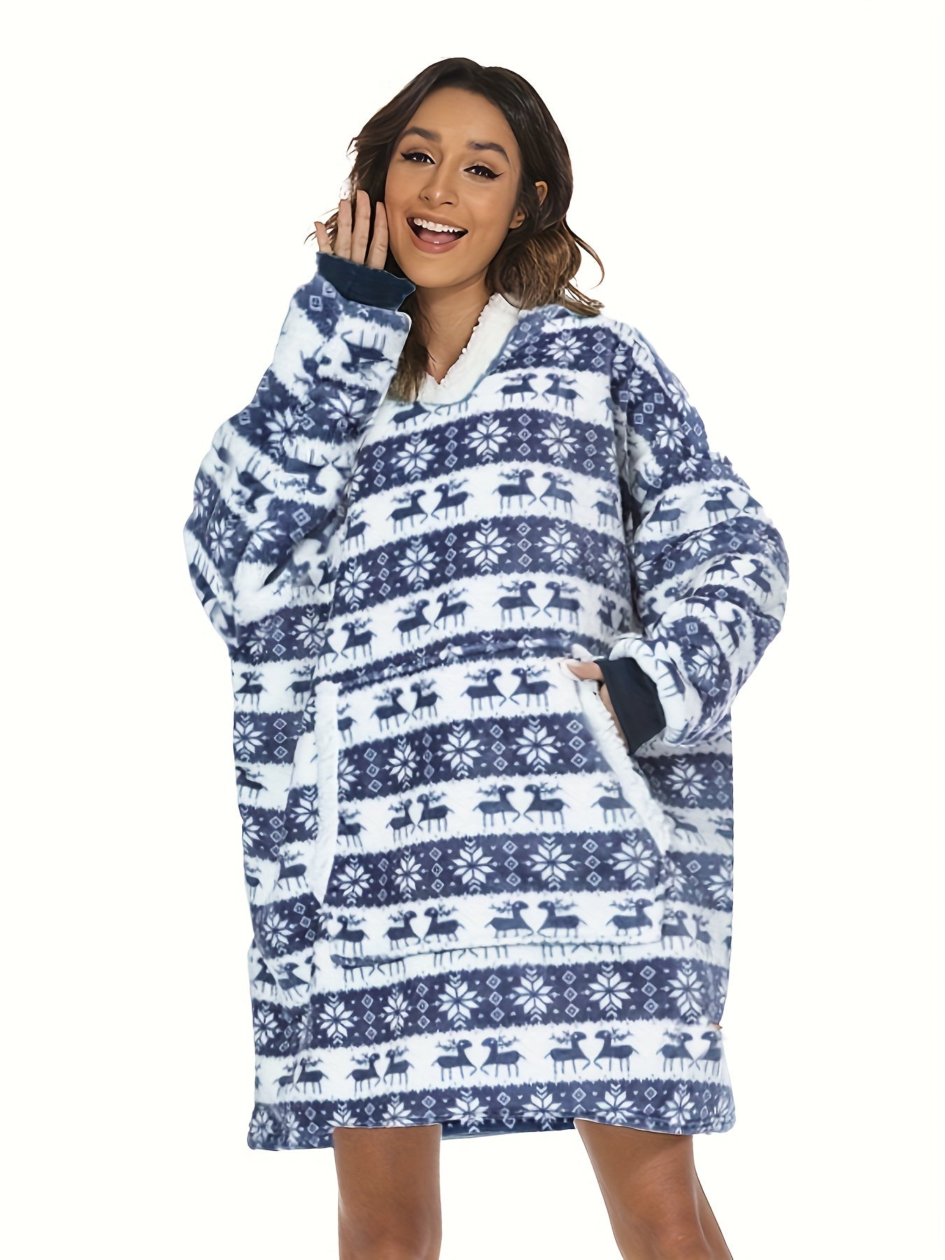 Elk Print Long Sleeve Hooded Top with Pockets Women's Loungewear