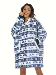Elk Print Long Sleeve Hooded Top with Pockets Women's Loungewear