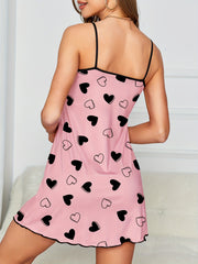 Heart Print Slip Nightdress Scoop Neck Backless Dress Women's Sleepwear