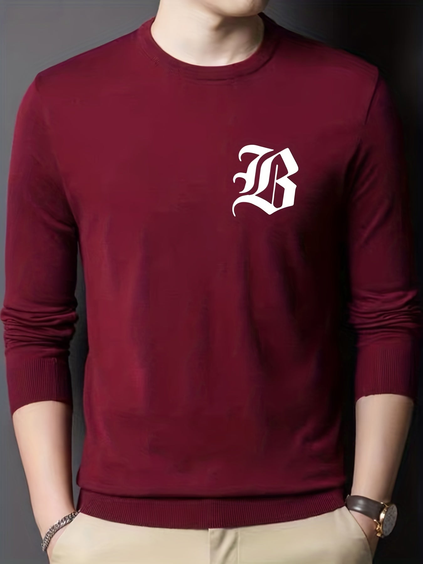 Men's Crew Neck Knitted Sweater, Warm Mid Stretch Pullover for Fall Winter