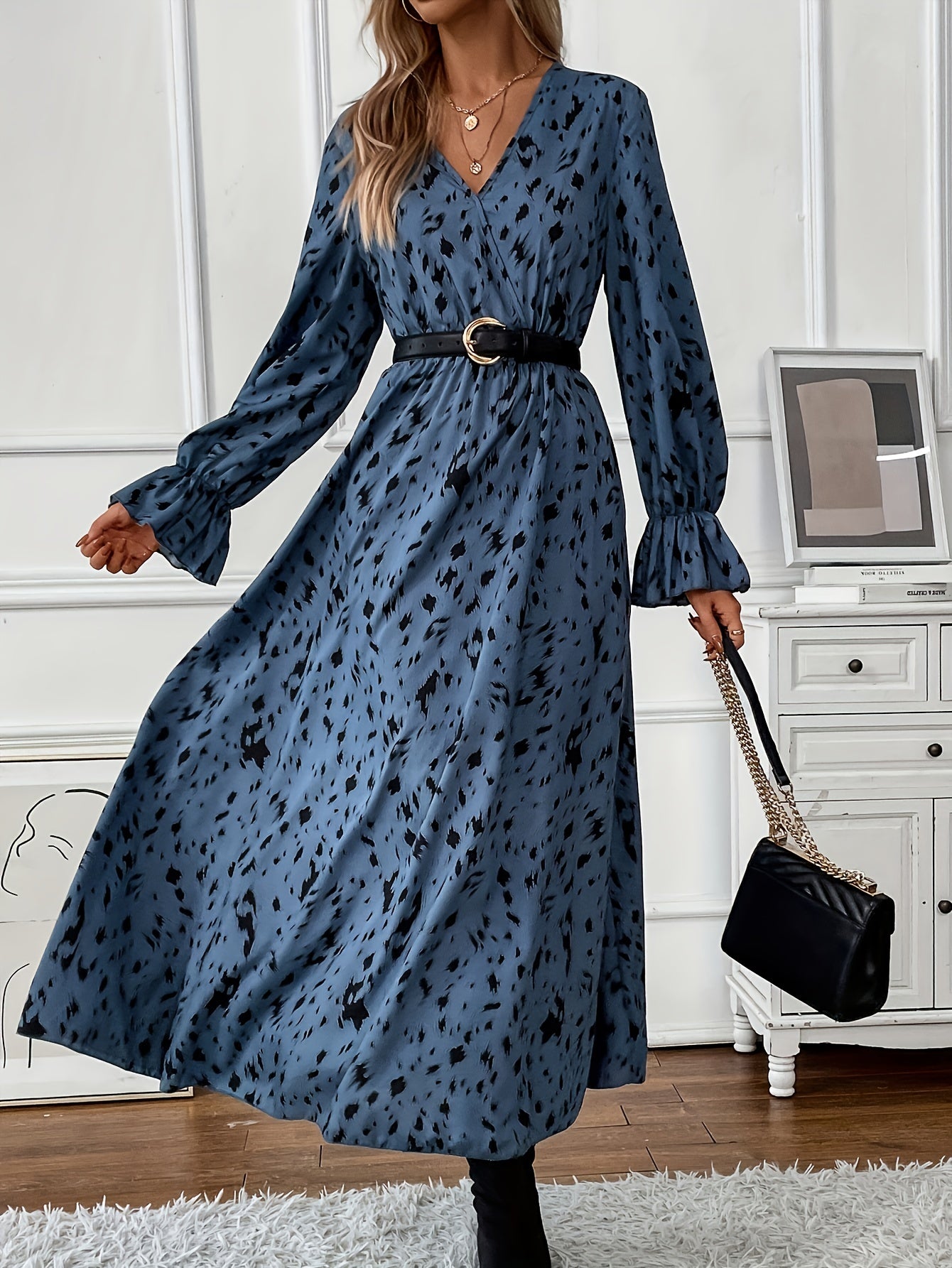 Leopard Print Lantern Sleeve Maxi Dress
