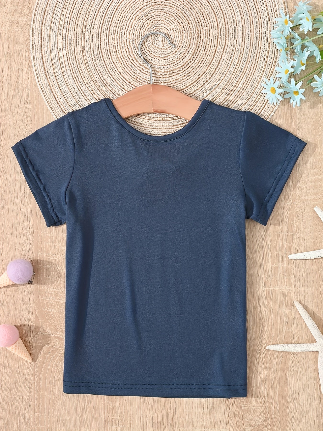 Girls Solid T shirt Casual Mid Stretch Bow Tie Crew Neck Tee Top