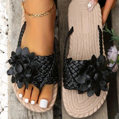 Women's Flower Flat Flip Flops Boho Style Braided Band Non Slip Slides