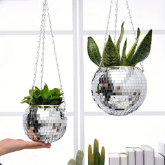Slivery Disco Mirror Ball Planter With Chain Plant Hanger