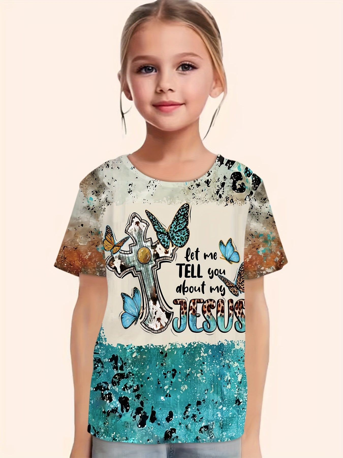 Cross & Letter Print Short Sleeve T shirt Girls Comfy Pullover