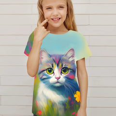 Sweet Flower Kitty Graphic Short Sleeve T shirt Girls Summer Tops
