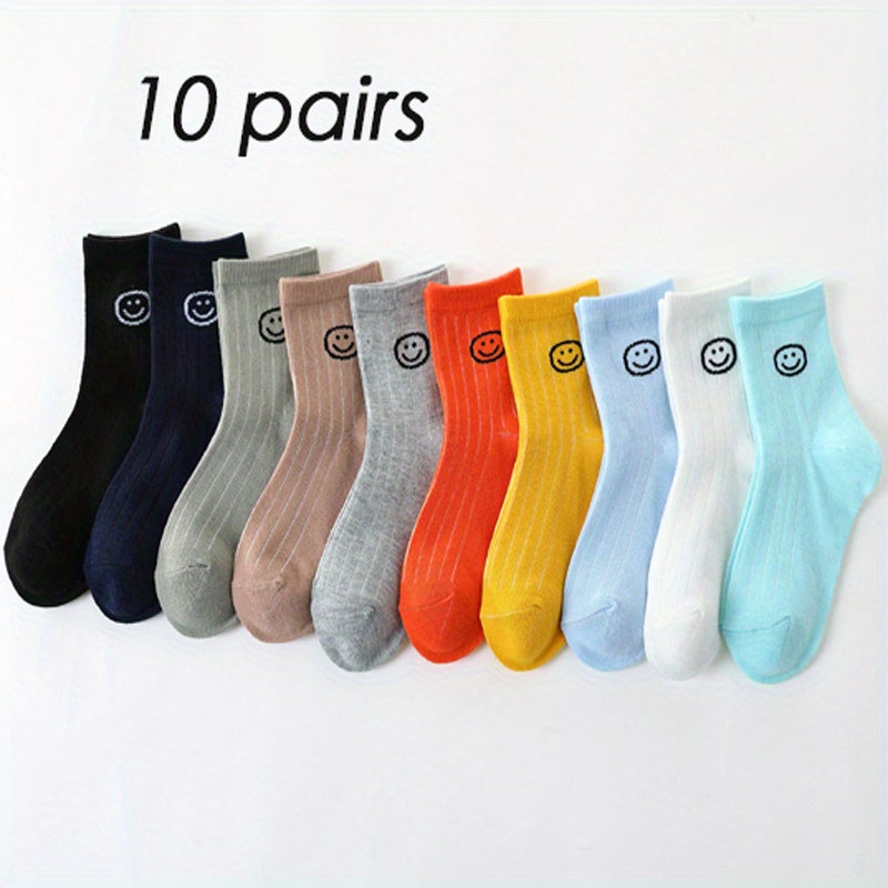 10 Pairs Smiling Face Kids Striped Crew Socks