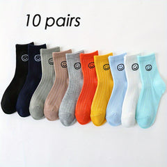 10 Pairs Smiling Face Kids Striped Crew Socks