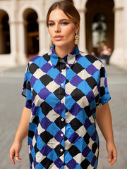 Argyle Print Button Up Short Sleeve Blouse