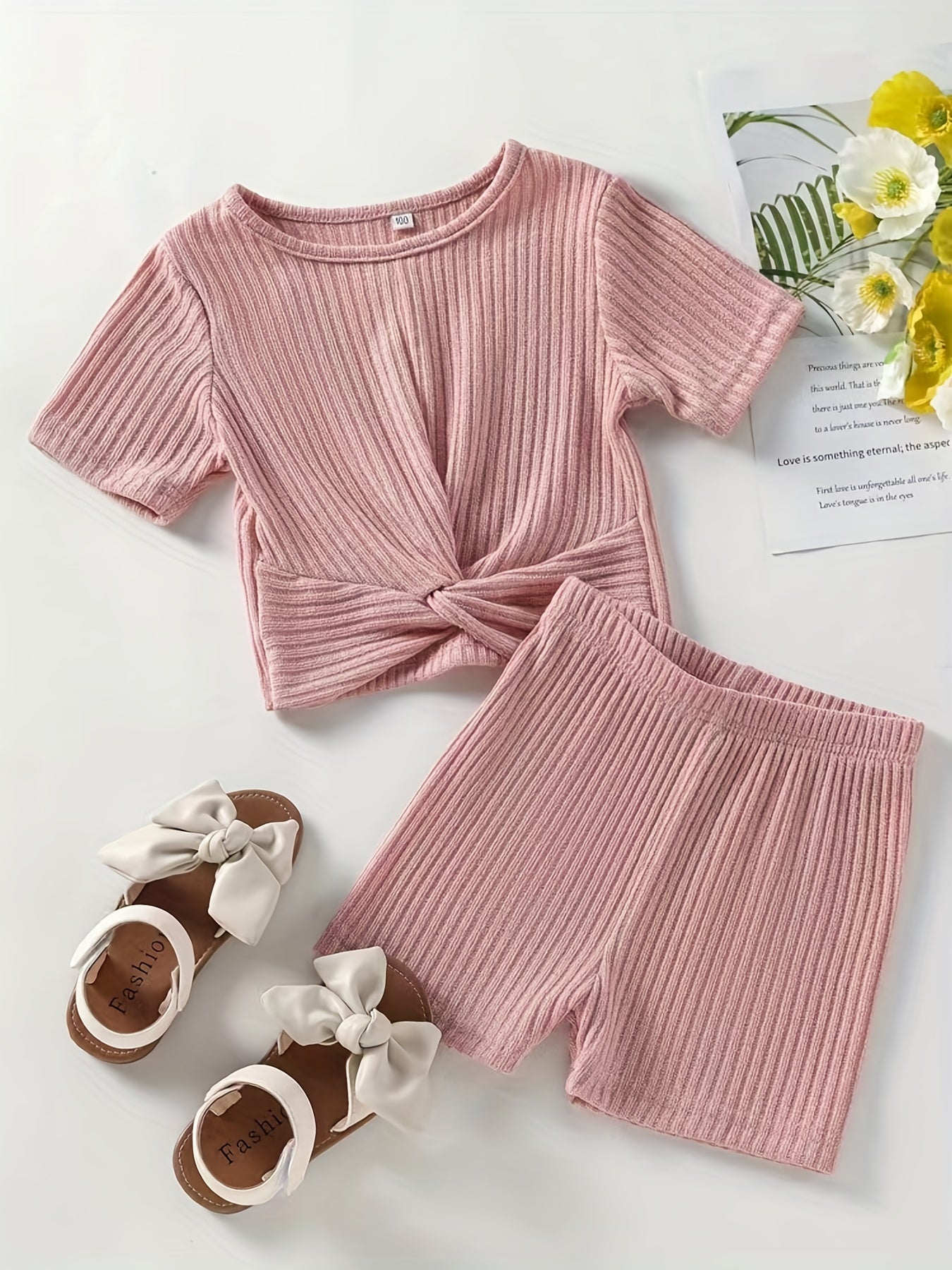 2pcs Toddler Girls Ribbed Knit T Shirt Top & Biker Shorts Set