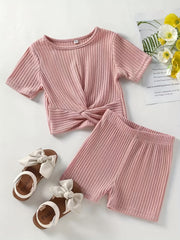 2pcs Toddler Girls Ribbed Knit T Shirt Top & Biker Shorts Set