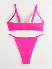 Sexy Bikini Set Women's Solid Deep V Neck Padded Bra & Thong Swimsuit
