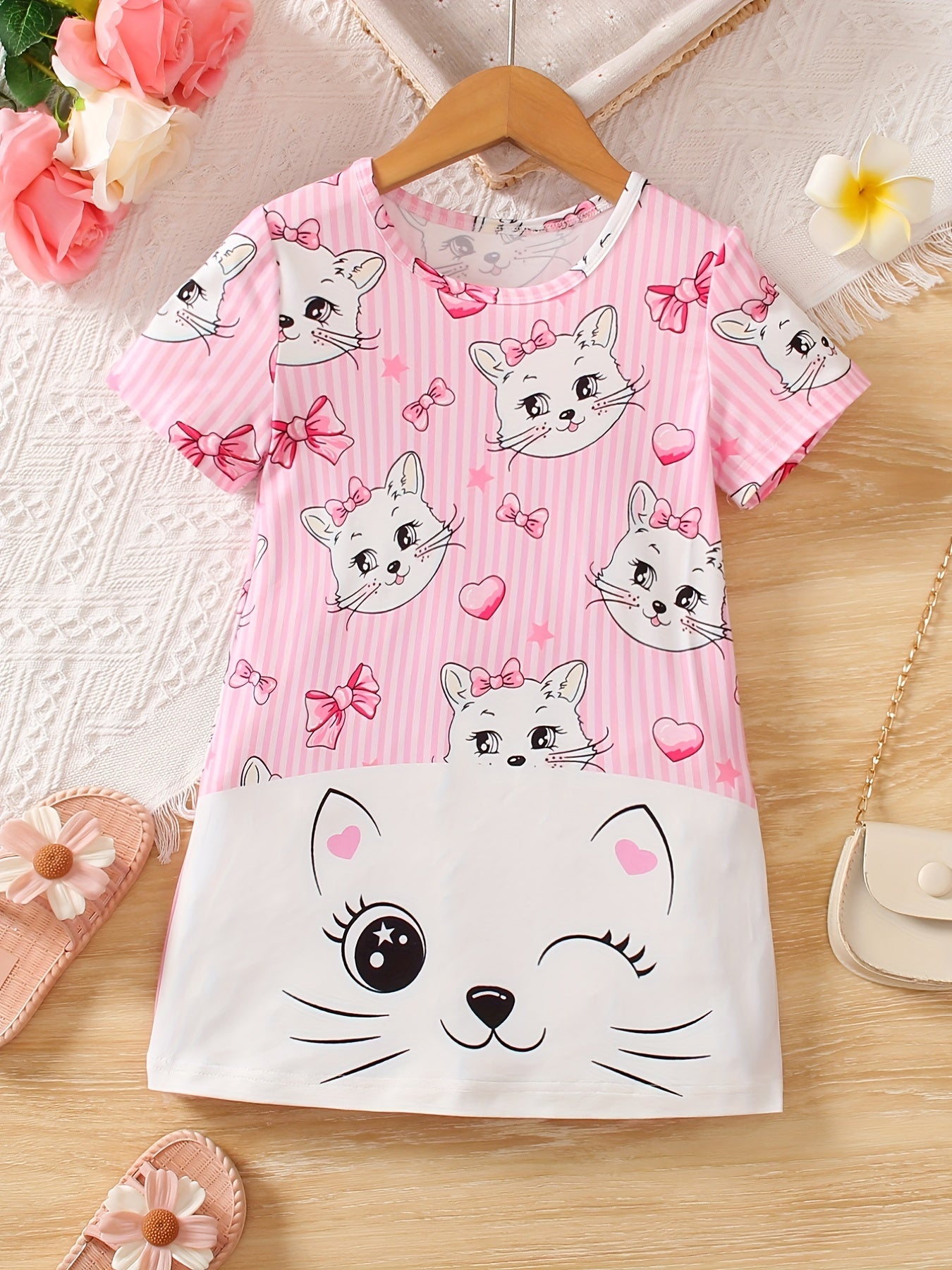 Toddler Girls Cartoon Cat Graphic T-shirt Dress For Party Kids