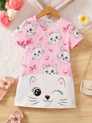 Toddler Girls Cartoon Cat Graphic T-shirt Dress For Party Kids