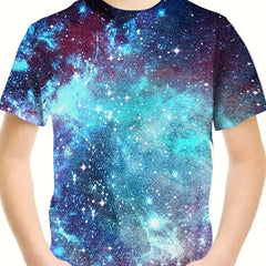 3D Dreamy Outer Space Graphic Short Sleeve T Shirt Loose Fit Pullover