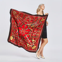Metal Chain Printed Square Scarf Silk Feeling Satin Warm Shawl