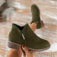 Chunky Heeled Ankle Boots Retro Round Toe Side Zipper Shoes