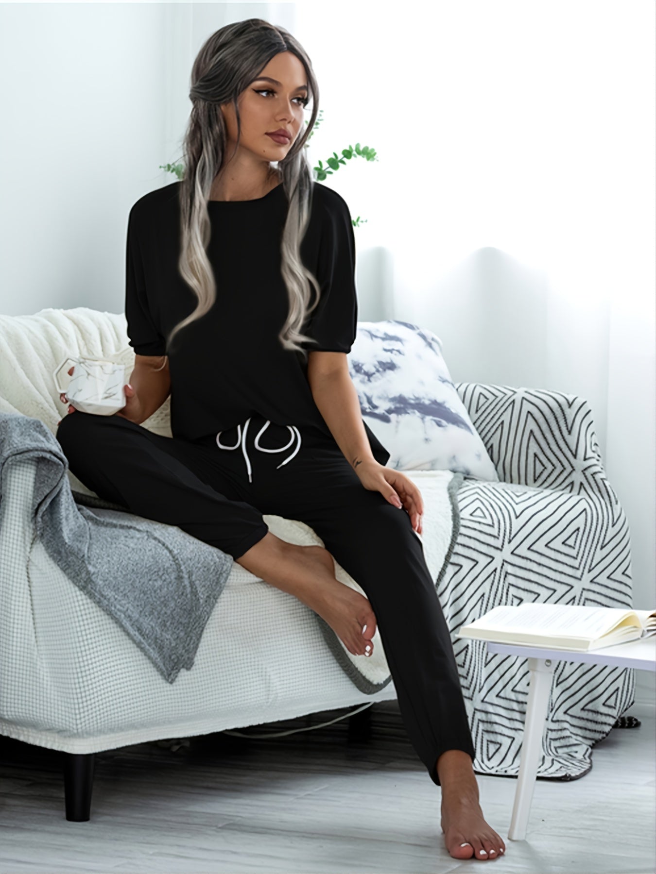 Solid Two piece Set Puff Sleeves & Drawstring Waist Pants Set