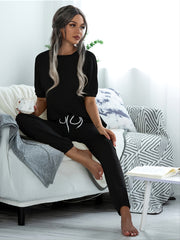 Solid Two piece Set Puff Sleeves & Drawstring Waist Pants Set