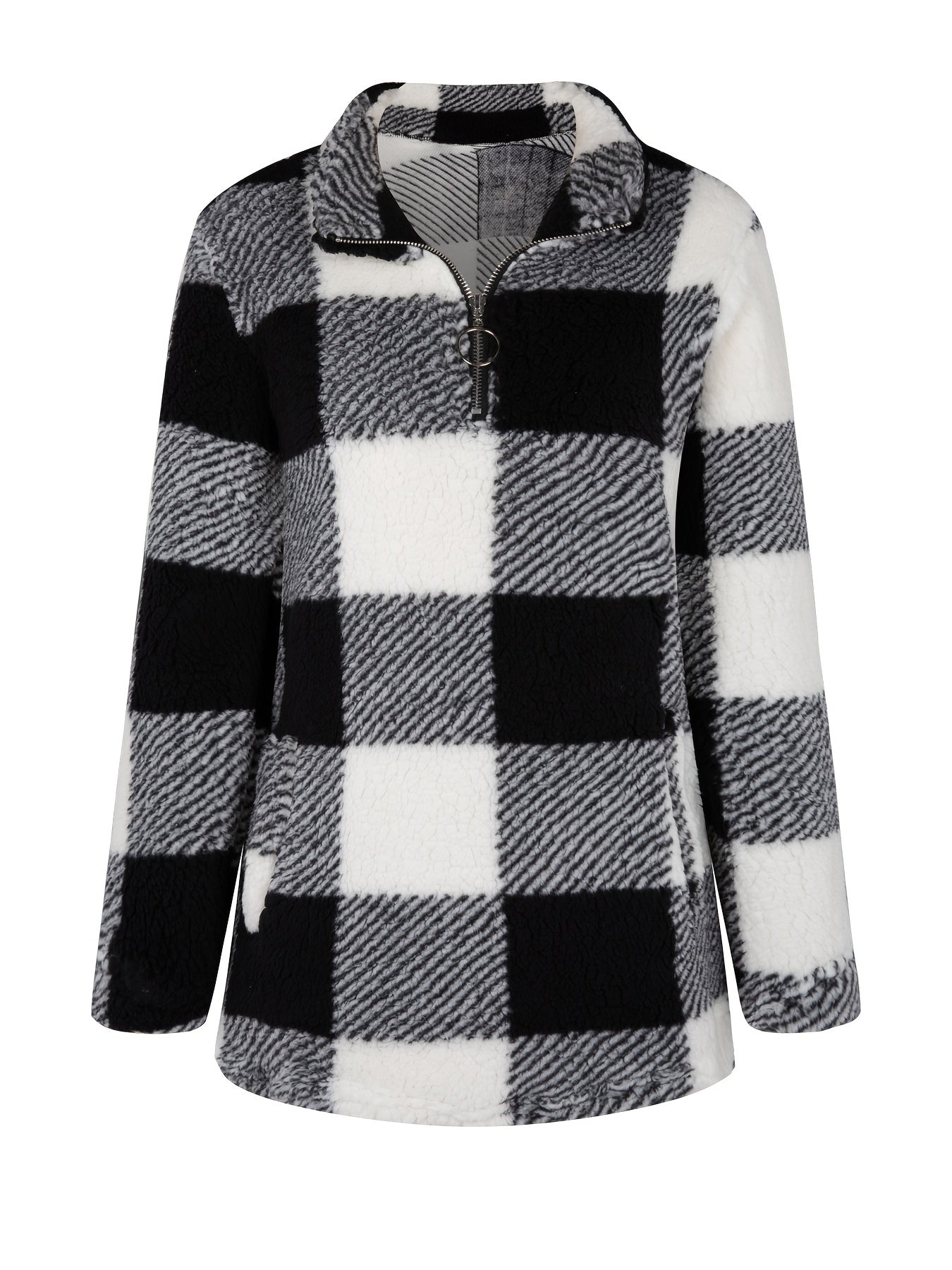 Plaid Print Teddy Jacket Zipper Warm Outerwear