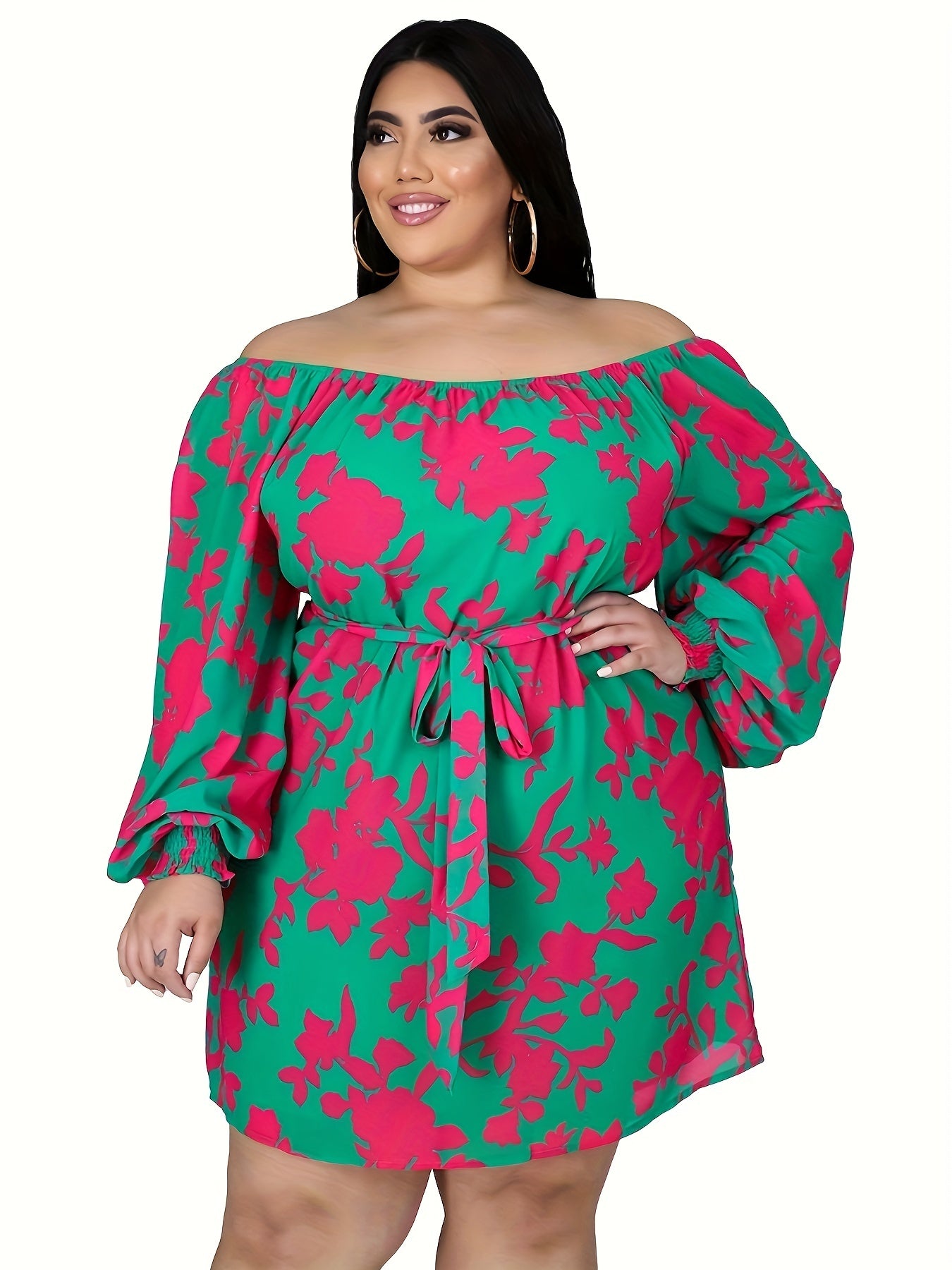 Casual Dress Women's Plus Floral Print Off Shoulder Mini Dress
