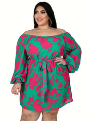 Casual Dress Women's Plus Floral Print Off Shoulder Mini Dress