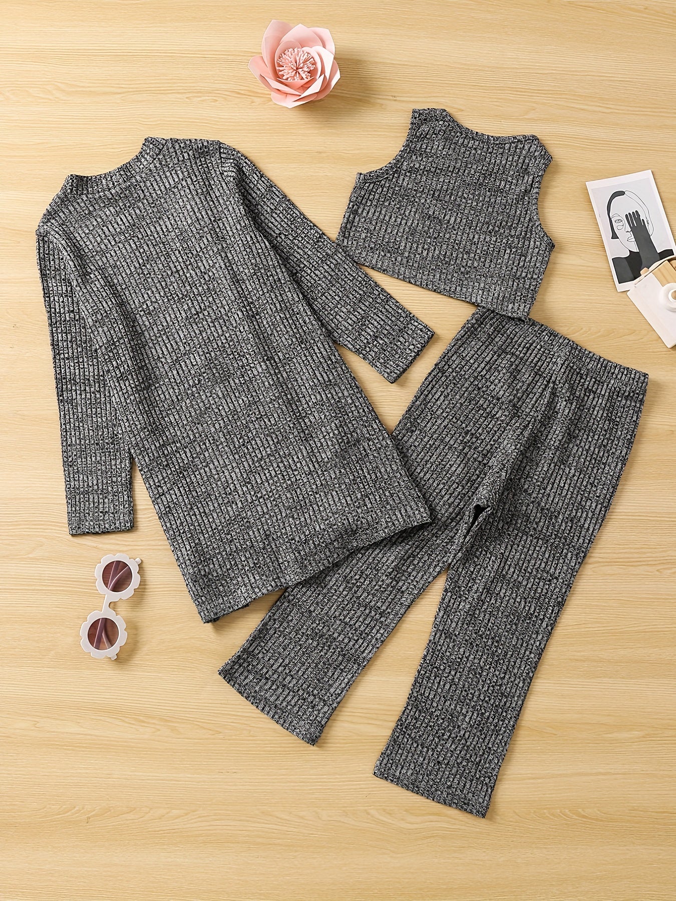 Girl's Cable Knit 2pcs Cardigan & Tank Top & Pants Set