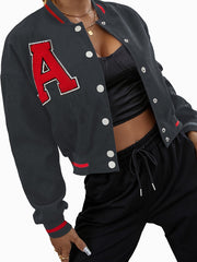 Alphabets Embroidered Varsity Jacket Casual Crop Button Front