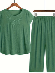 Solid Embroidery Tee & Wide Leg Pants Set