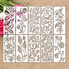 10pcs Leaf & Flower Painting Stencils Reusable Floral Stencil With Metal Ring
