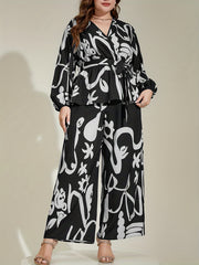 Abstract Print Lantern Sleeve Top & Pants Set