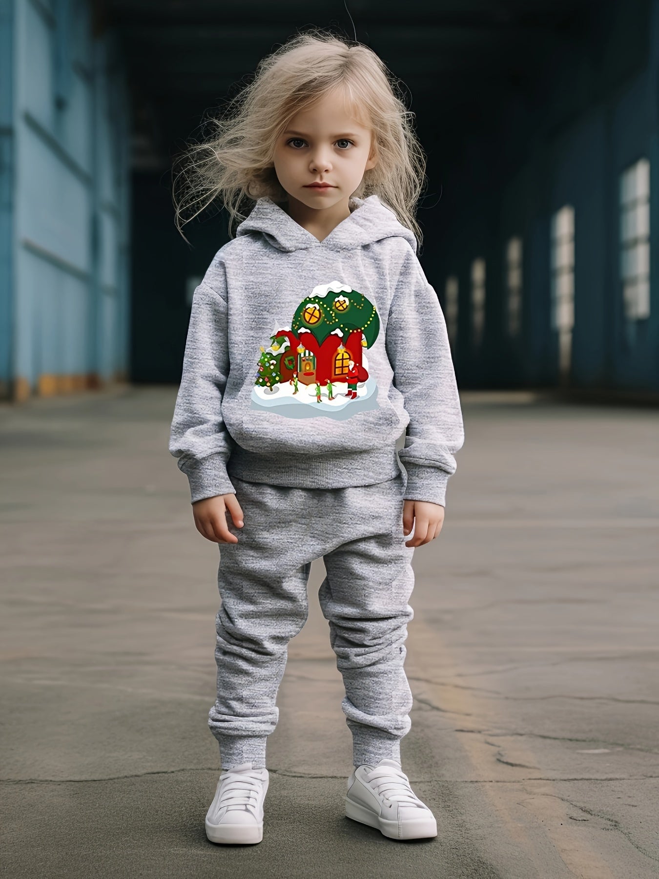 Winter House Print 2pcs Hoodies Jogger Pants Set For Sports Boys