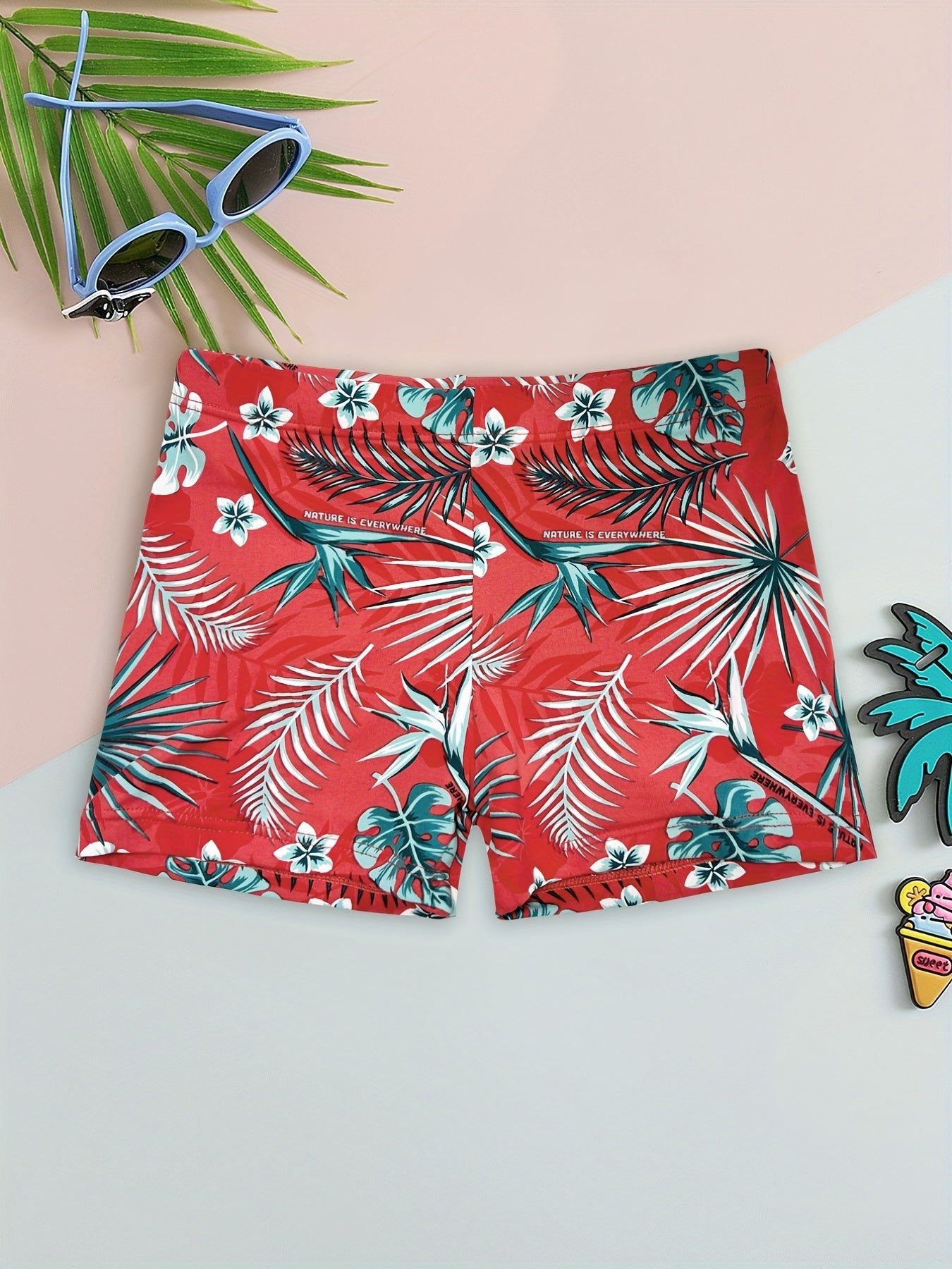 Boy's Tropical Leaf Swim Trunks High Stretch Boxer Swimwear