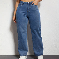 Wide Leg Straight Jeans Slash Pockets High Waist Denim Pants