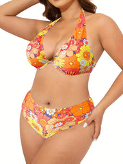Floral Print Backless Halter Bikini Set Plus Size