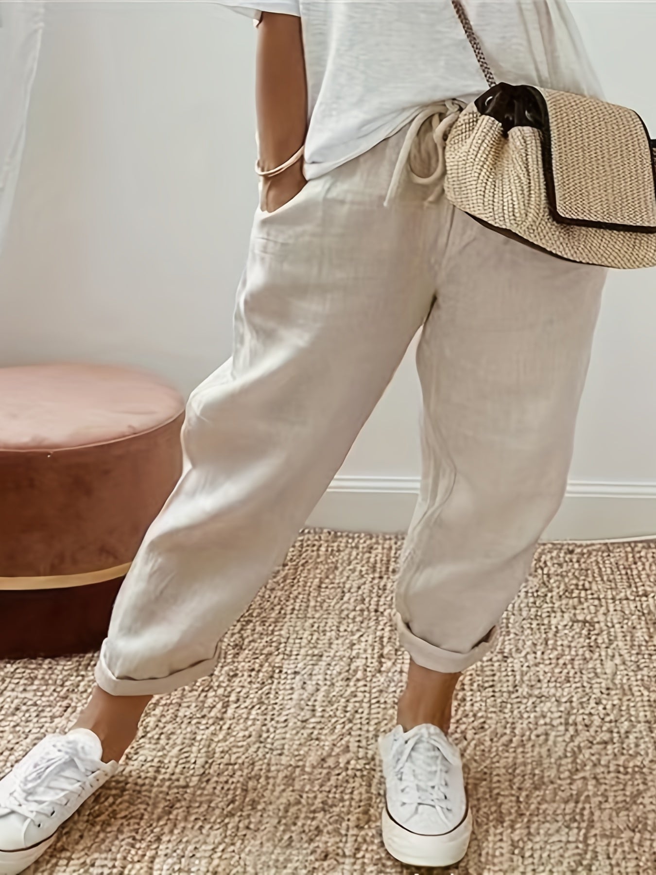 Solid Drawstring Pants with Dual Pockets Women's Clothing