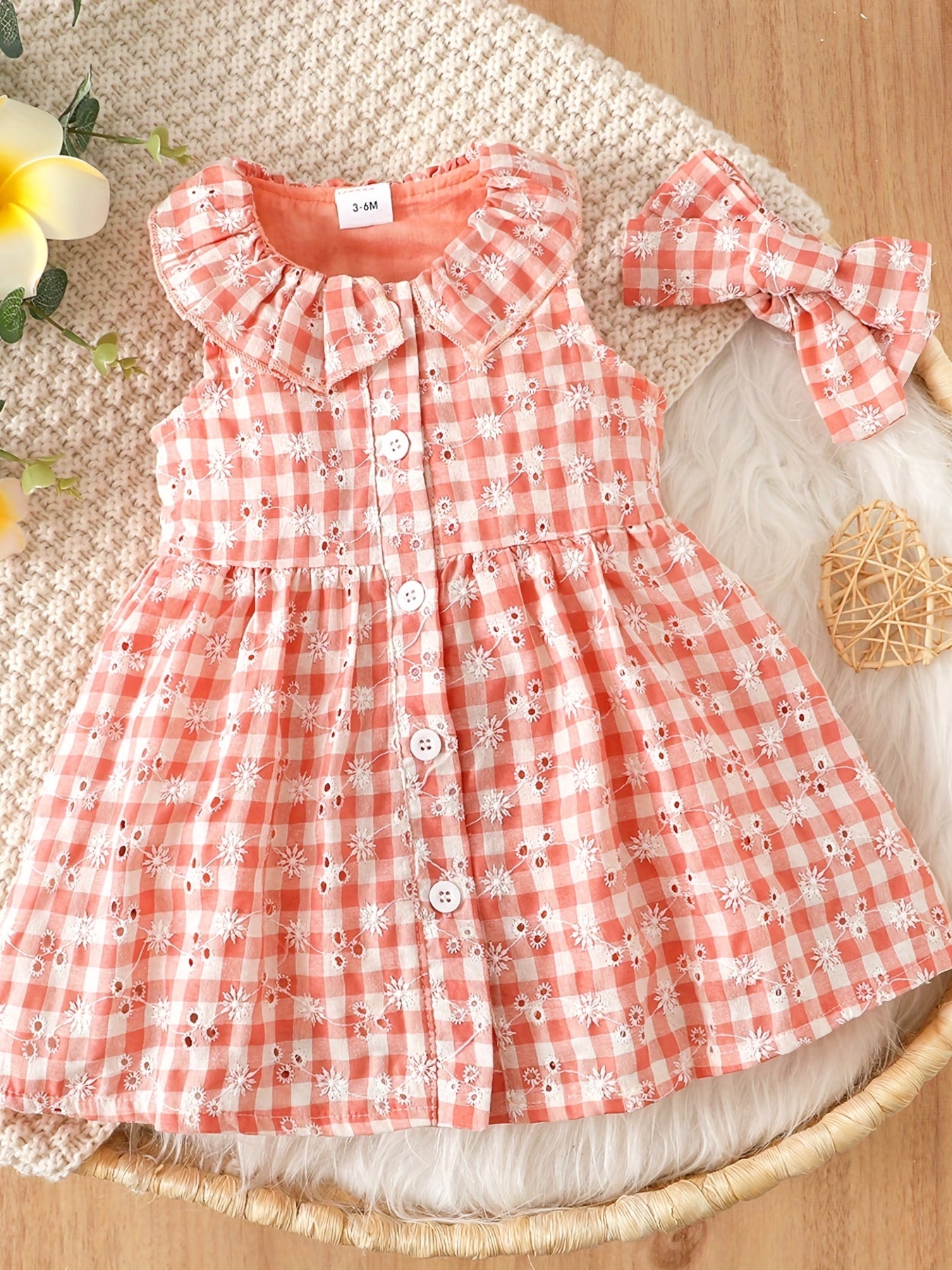 Plaid Embroidered Ruffle Collar Vest Dress Headband Set