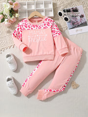Girls Leopard Patchwork Sweatshirt Pants Set