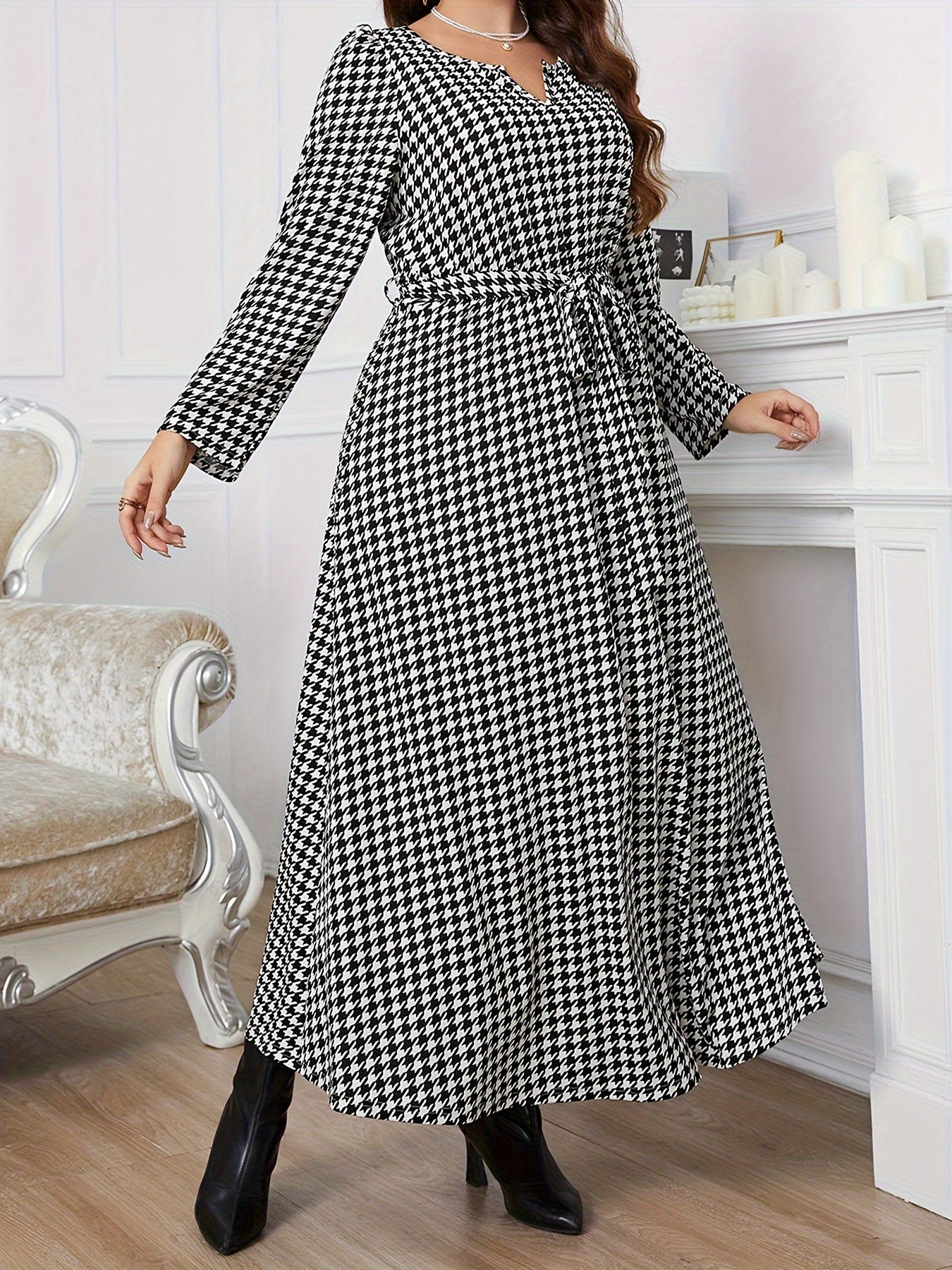 Houndstooth Print Long Sleeve Maxi Dress With Belt